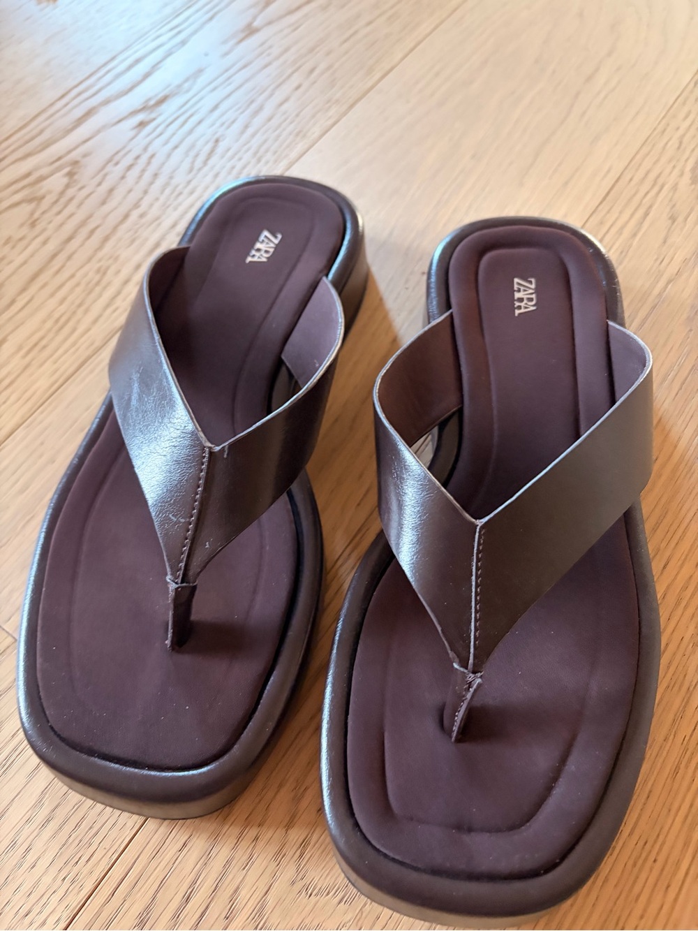 Zara Dark Brown Square-Toe Leather Thong Sandals
